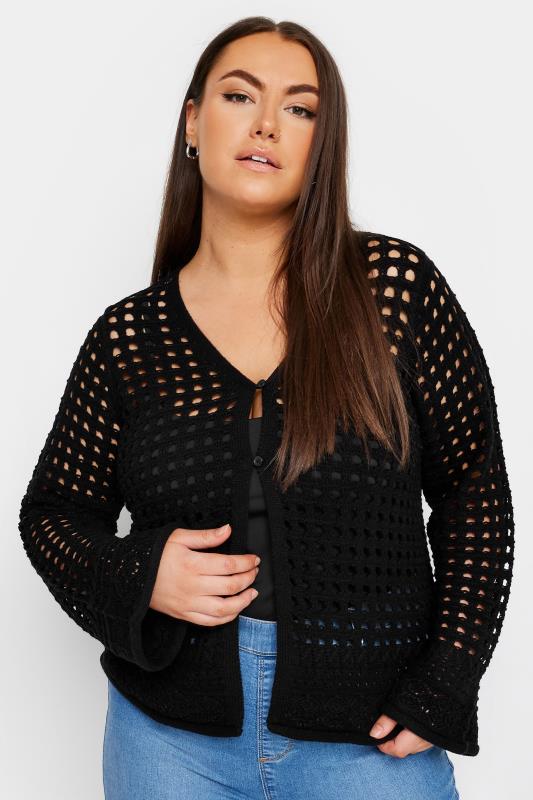 YOURS Curve Black Button Through Crochet Cardigan | Yours Clothing 1