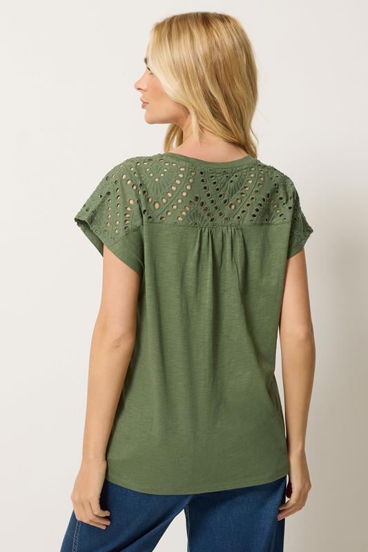 M&Co Khaki Green Broderie V-Neck Cotton T-Shirt | M&Co 2