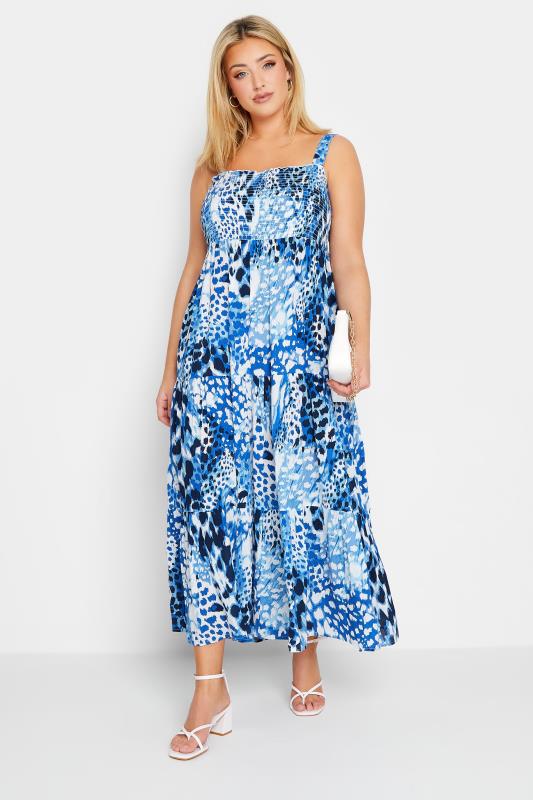 YOURS Plus Size Blue Animal Markings Shirred Strappy Sundress | Yours Clothing 2
