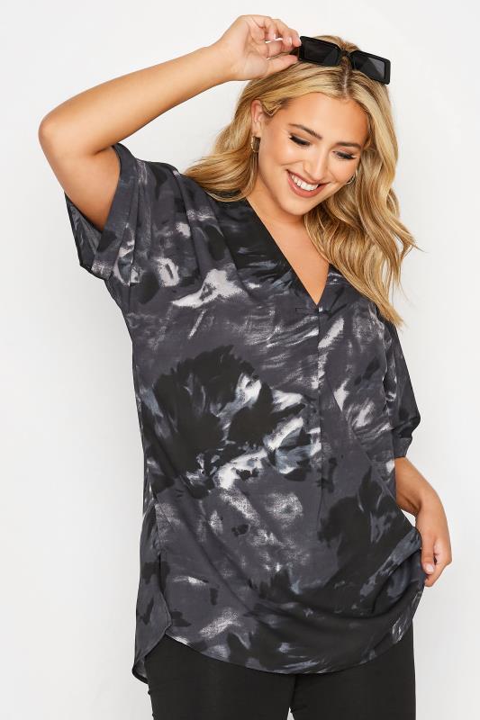 Plus Size Black Abstract Print Pleat Front V-Neck Top | Yours Clothing 4