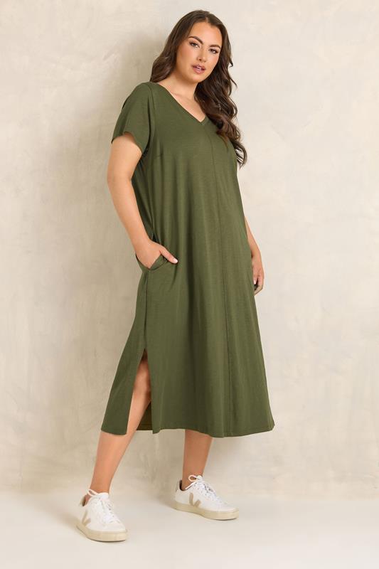 EVANS Plus Size Khaki Green Premium Cotton Dress | Evans 2