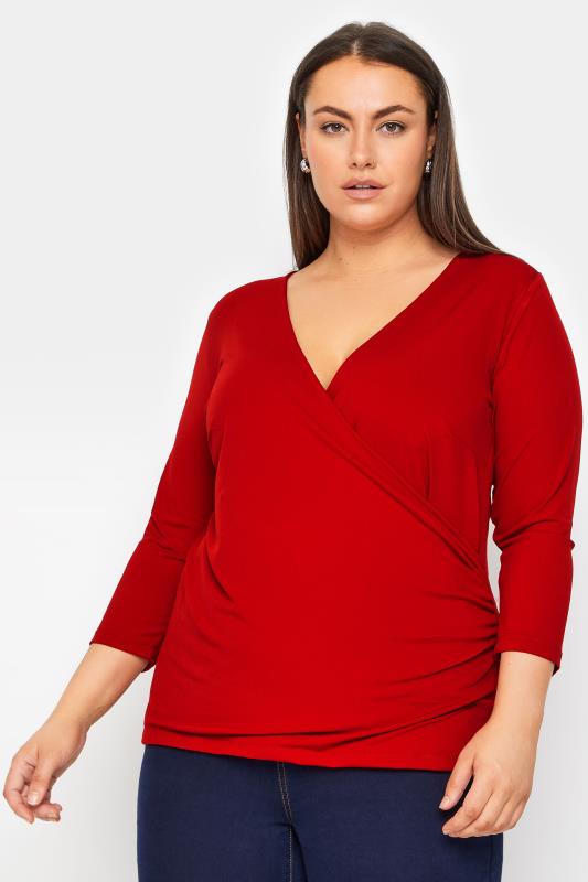 Plus Size  Evans Bright Red Long Sleeve Wrap Top