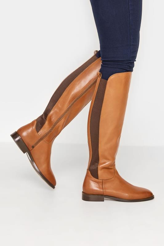 Tall  LTS Tan Brown Leather Knee High Boots In Standard D Fit
