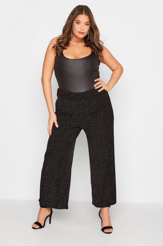 YOURS LONDON Plus Size Black Glitter Party Wide Leg Trousers | Yours Clothing 2