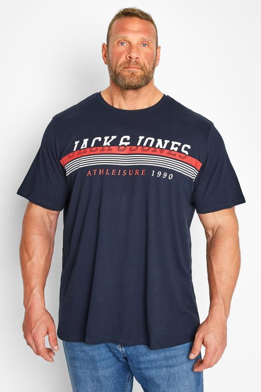 JACK & JONES Big & Tall Navy Blue Stripe 'Athleisure' Graphic Print T-Shirt 1