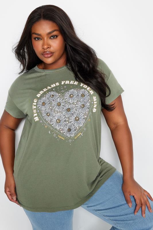YOURS Plus Size Khaki Green 'Mystic Dreams' Slogan T-Shirt | Yours Clothing 1
