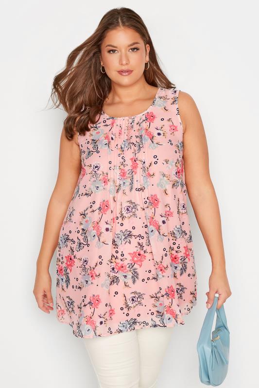 Curve Pink Floral Print Pleat Front Sleeveless Blouse 1