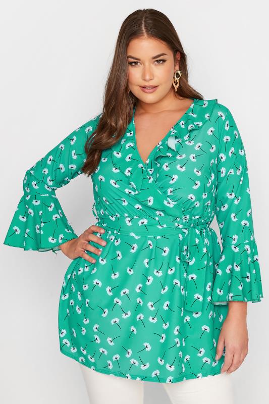 YOURS LONDON Curve Green Floral Ruffle Wrap Top_A.jpg
