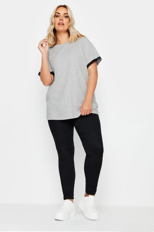 YOURS Plus Size Grey Lace Trim T-Shirt | Yours Clothing  2