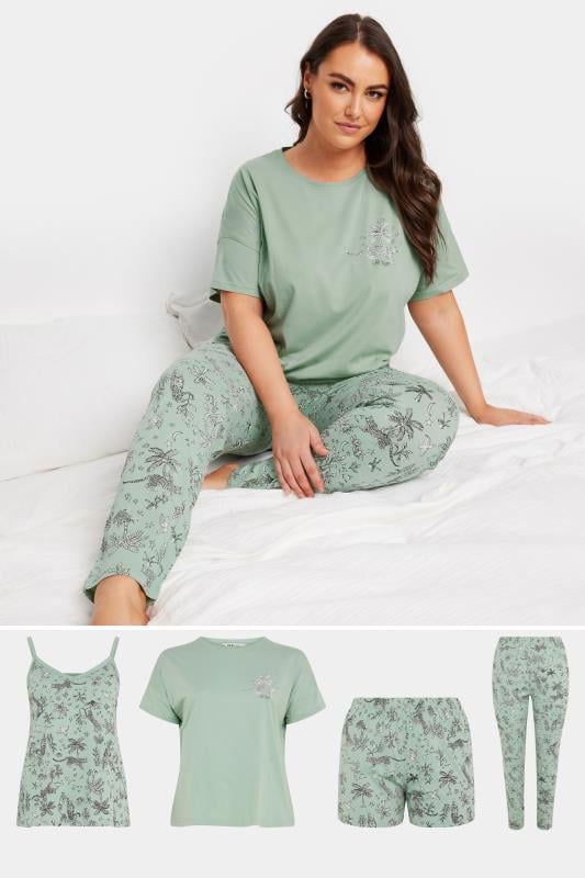 Plus Size  YOURS 4 PACK Curve Green Jungle Print Pyjama Set