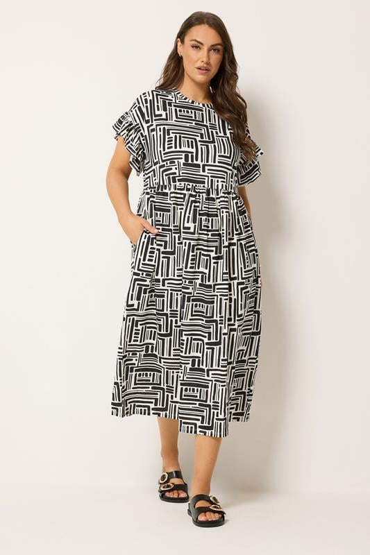 YOURS Plus Size Black Abstract Frill Sleeve Dress | Yours Clothing 1