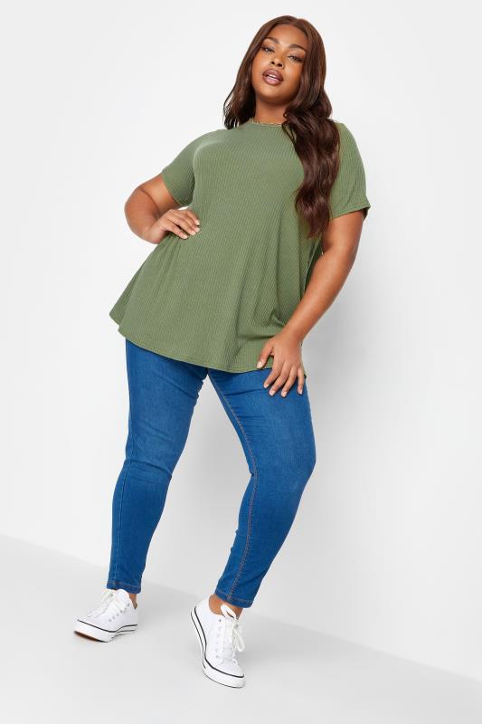YOURS Plus Size Curve 2 Pack Khaki Green Ribbed Stripe Swing T-Shirts | Yours Clothing  5