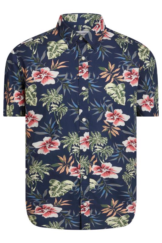  JACK & JONES Navy Blue Tropical Print Short Sleeve Cotton Shirt