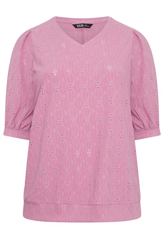 YOURS Plus Size Pink Broderie Anglaise Balloon Sleeve Top | Yours Clothing 5