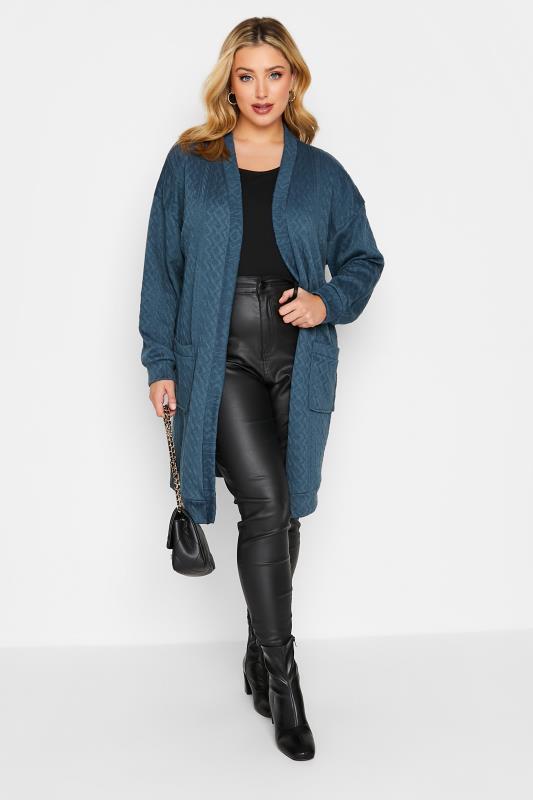 YOURS LUXURY Plus Size Blue Soft Touch Cable Knit Cardigan | Yours Clothing 3
