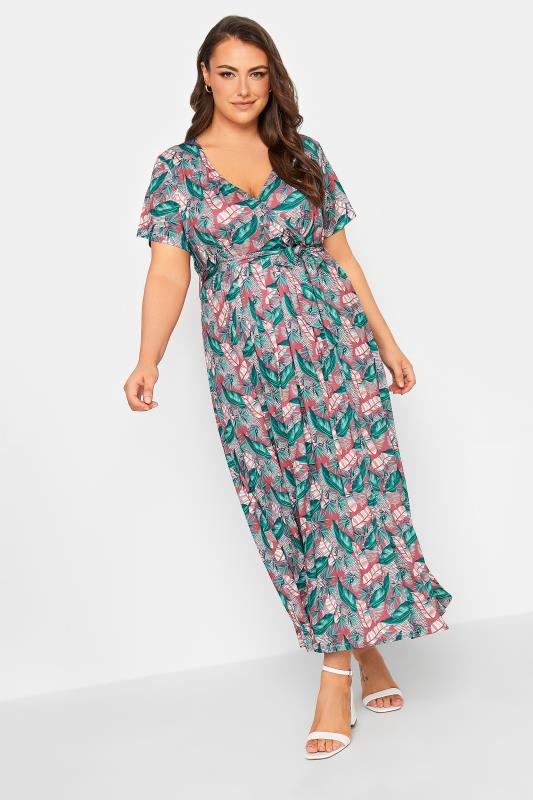 YOURS Curve Plus Size Red Leaf Print Maxi Wrap Dress | Yours Clothing  2