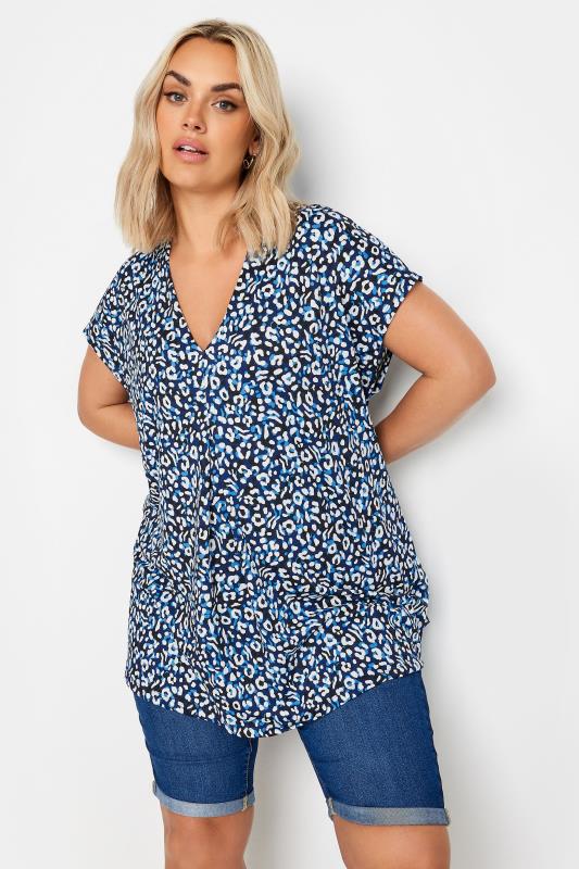 YOURS Plus Size Blue Leopard Print Pleat Front Blouse | Yours Clothing 1