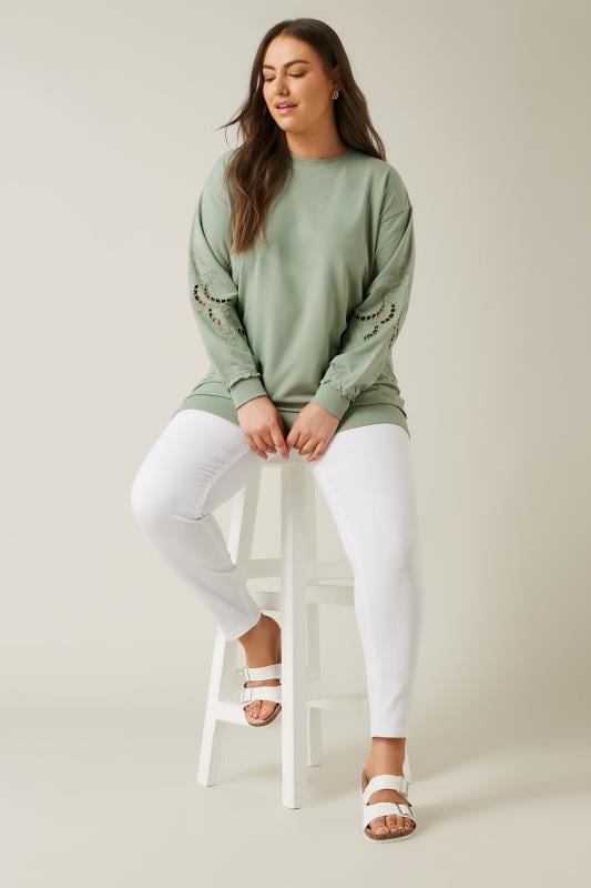 EVANS Plus Size Sage Green Cutwork Crew Neck Sweatshirt | Evans 2