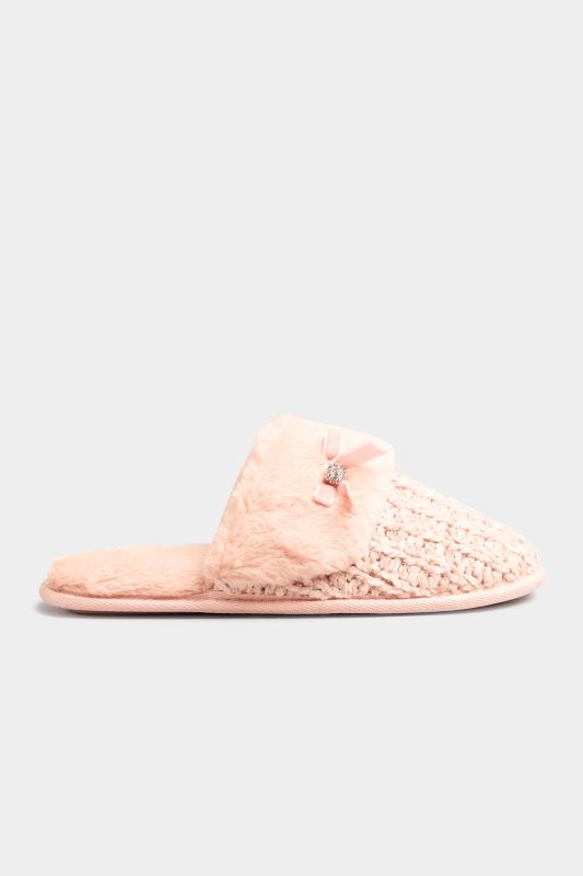 Pink Fur Bow Mule Slippers In Extra Wide Fit | Yours Clothing 3