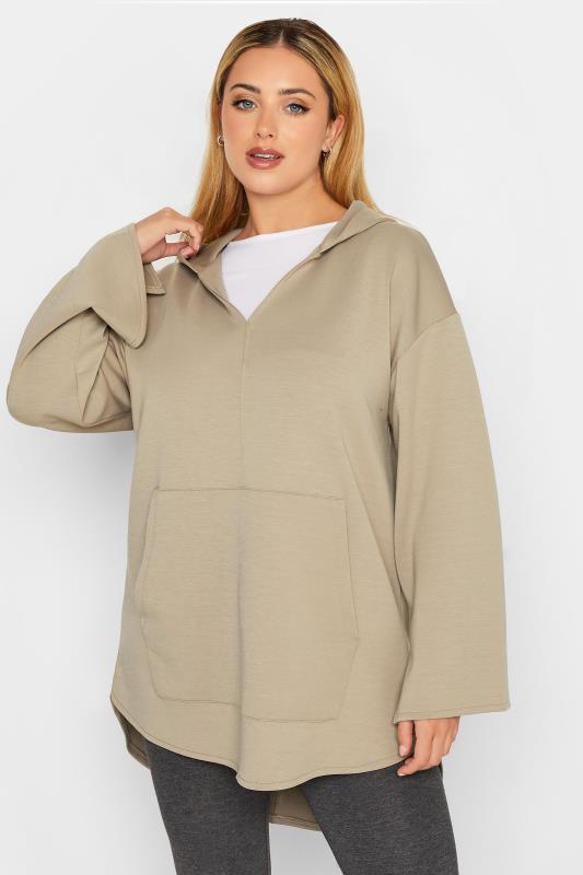 YOURS LUXURY Plus Size Beige Brown V-Neck Jersey Hoodie | Yours Clothing 1