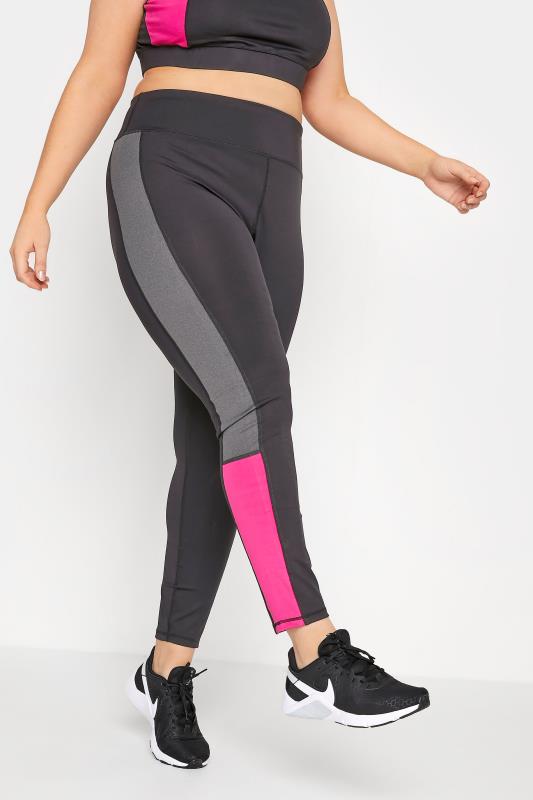 Plus Size ACTIVE Black & Pink Colour Block High Waisted Leggings | Yours Clothing  1