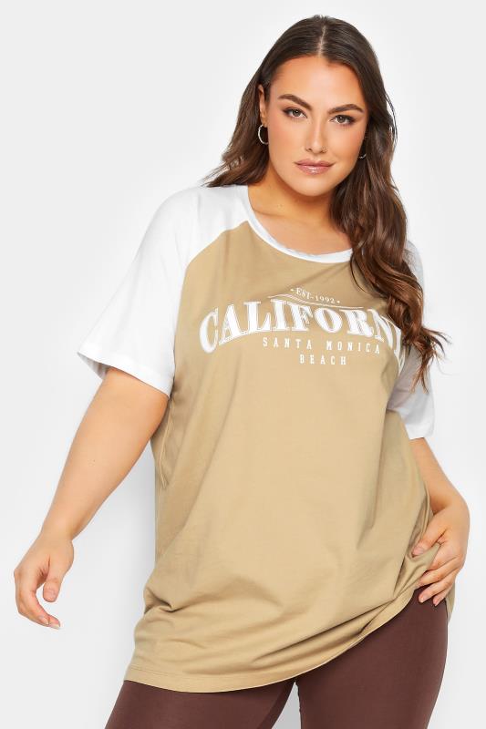  Grande Taille YOURS Curve Beige Brown 'California' Print T-Shirt