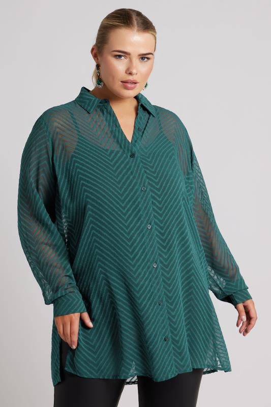 YOURS LONDON Plus Size Green Burnout Chevron Shirt | Yours Clothing  3