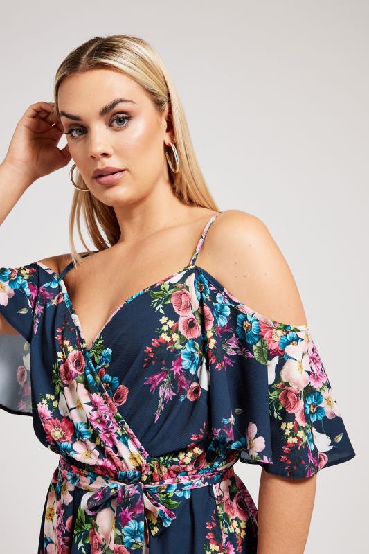 YOURS LONDON Plus Size Navy Blue Floral Print Cold Shoulder Top | Yours Clothing 4
