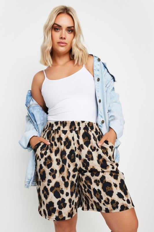 Plus Size  YOURS Curve Brown Textured Leopard Print Shorts