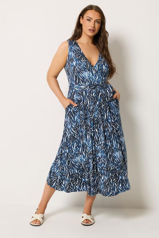 YOURS Plus Size Navy Blue Abstract Wrap Front Dress | Yours Clothing 1