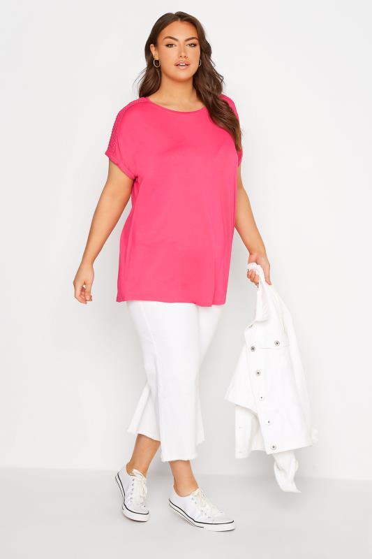 Curve Hot Pink Crochet Shoulder T-Shirt 2