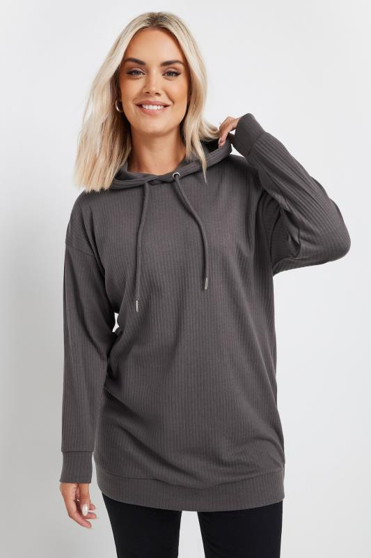 YOURS Plus Size Charcoal Grey Ribbed Hoodie | Yours Clothing  2