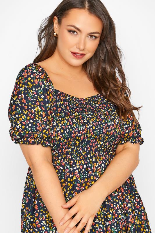 LIMITED COLLECTION Curve Navy Blue Floral Print Shirred Peplum Top 4