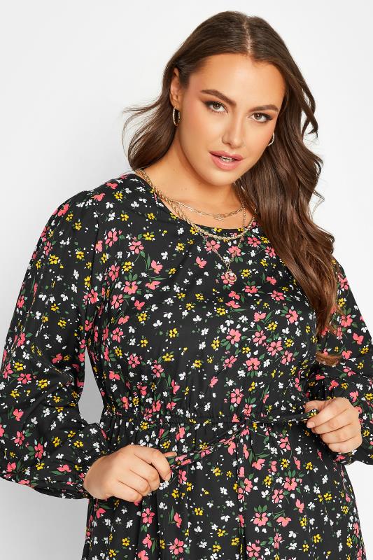 Plus Size Black Floral Long Sleeve Midi Dress | Yours Clothing 4