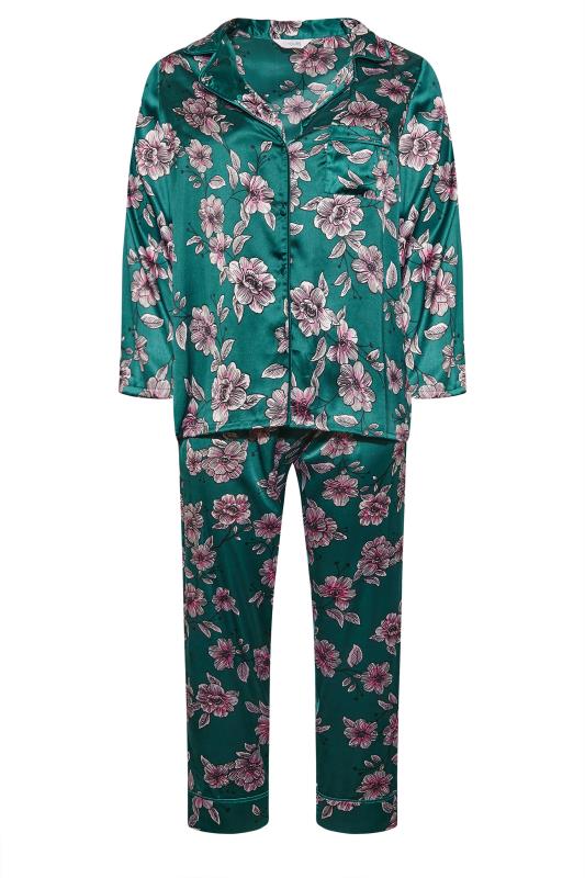 Plus Size Emerald Green Floral Print Satin Pyjama Set | Yours Clothing 5