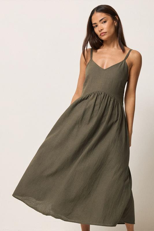 PixieGirl Petite vestido midi marrón chocolate de lino con tirantes