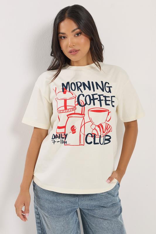 PixieGirl Petite Women's Cream 'Morning Coffee Club' Cotton Oversized T-Shirt | PixieGirl 1