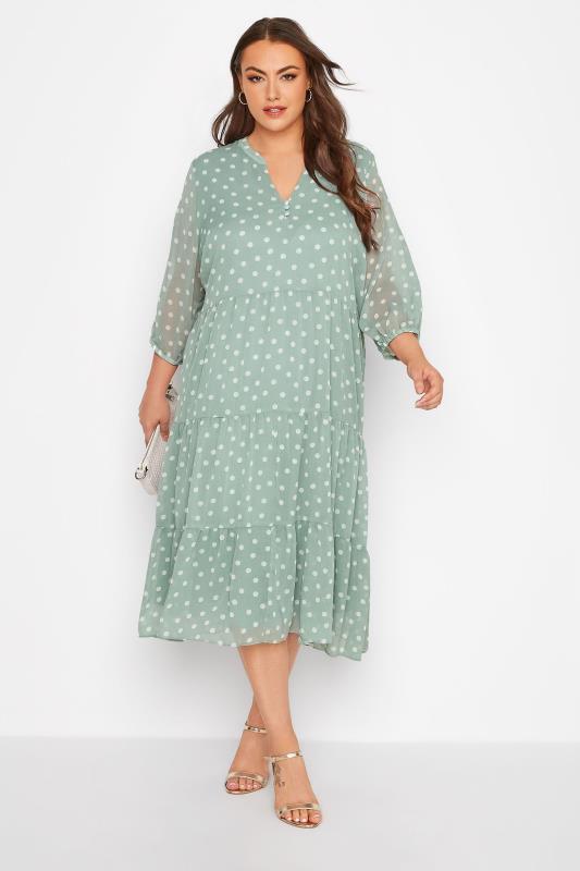 Curve Sage Green Polka Dot Tiered Dress | Yours Clothing 1