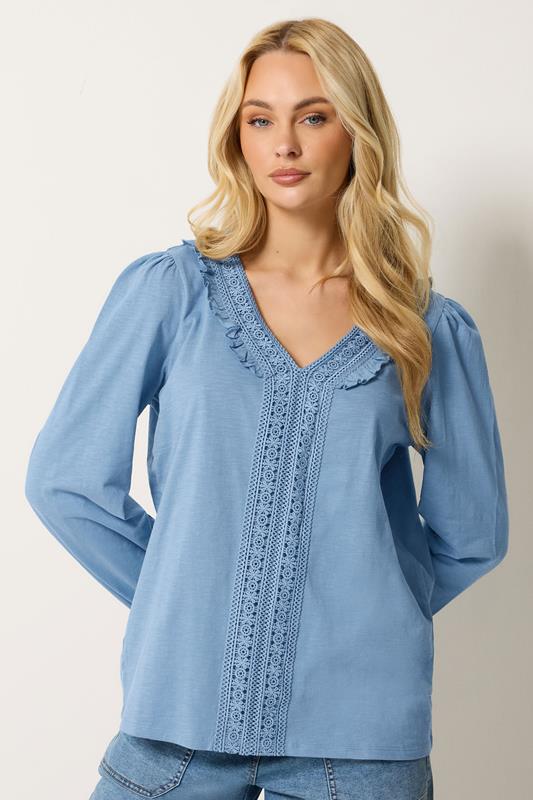  M&Co Blue Frill Cotton Blouse