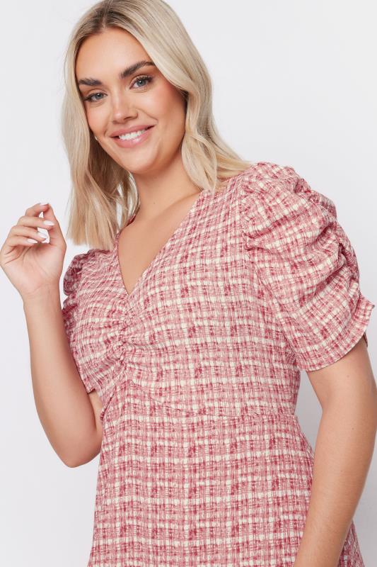 LIMITED COLLECTION Plus Size Pink Check Textured Milkmaid Dress | Yours Clothing  4