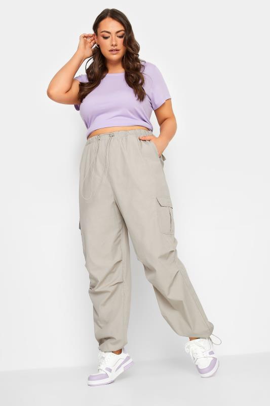 YOURS Curve Plus Size Natural Brown Cuffed Cargo Parachute Trousers 2