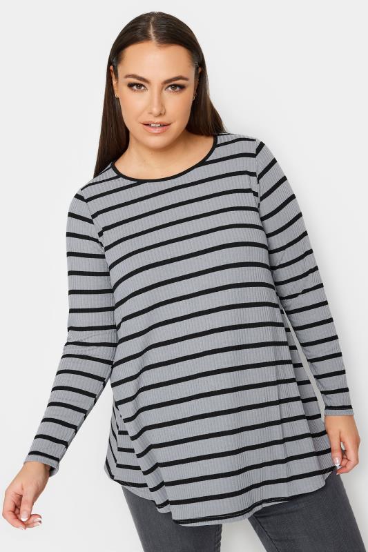 YOURS Plus Size Grey & Black Stripe Ribbed Swing T-Shirt | Yours Clothing 1