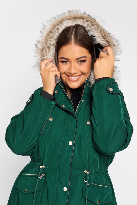 YOURS Plus Size Forest Green Faux Fur Trim Hooded Parka Coat | Yours Clothing 5