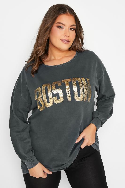 Plus Size  Curve Charcoal Grey 'Boston' Slogan Sweatshirt