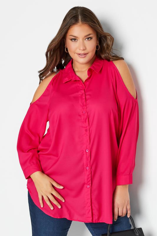 Plus Size  Curve Hot Pink Cold Shoulder Shirt