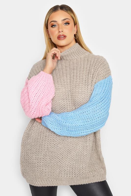 YOURS LUXURY Plus Size Pink & Blue Colour Block Sleeve Jumper | Yours Clothing 1