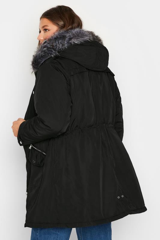Plus Size Black Plush Fur Trim Parka Coat | Yours Clothing 3