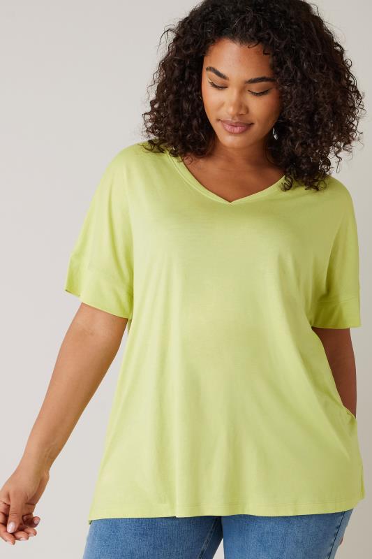 EVANS Plus Size Chartreuse Green V-Neck Modal Rich T-Shirt | Evans 4
