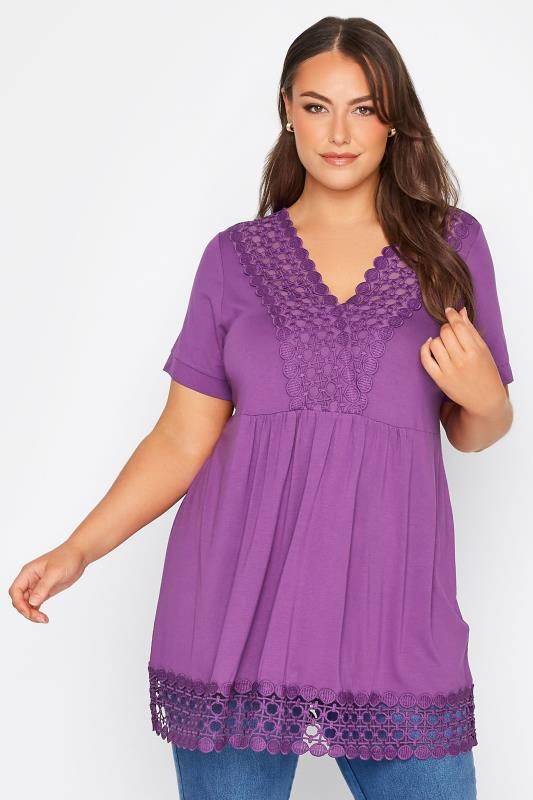 Plus Size Purple Crochet Detail Peplum Tunic Top | Yours Clothing  1