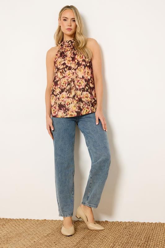 LTS Tall Women's Rust Orange Floral Satin Halterneck Top | Long Tall Sally 1
